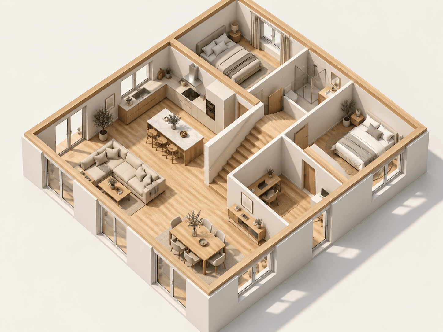 Isometric 3D view of a furnished modern home with an open floor plan